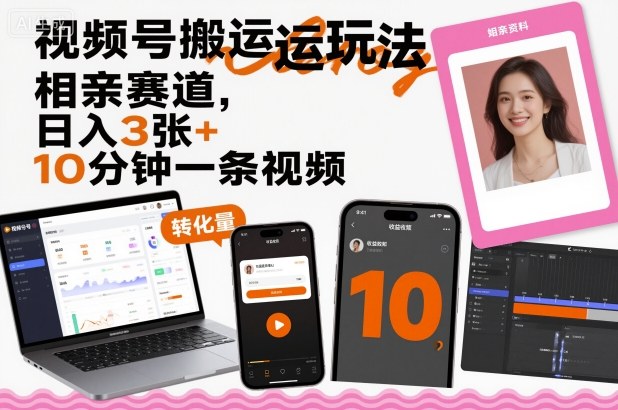 视频号搬运玩法，相亲赛道，日入3张+，10分钟一条视频汇通分享-专注分享网络创业项目实操课程 – 全网首发_高质量创业项目输出汇通分享