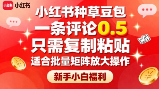 小红书种草豆包，一条评论0.5，只需复制粘贴，适合批量矩阵放大操作，新手小白福利汇通分享-专注分享网络创业项目实操课程 – 全网首发_高质量创业项目输出汇通分享