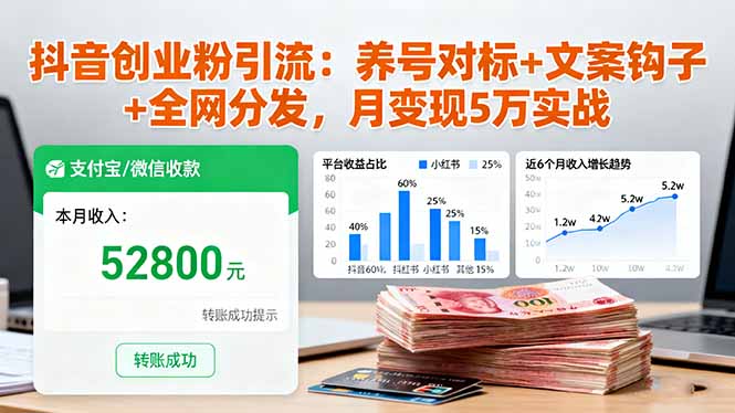 抖音创业粉引流：养号对标+文案钩子+全网分发，月变现5万实战汇通分享-专注分享网络创业项目实操课程 – 全网首发_高质量创业项目输出汇通分享