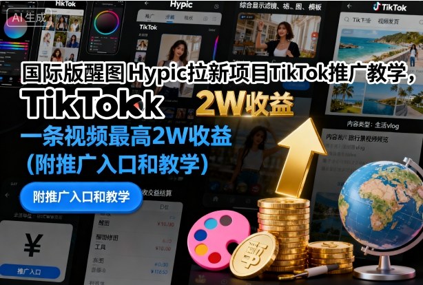 国际版醒图Hypic拉新项目TikTok推广教学，一条视频最高2W收益(附推广入口和教学)汇通分享-专注分享网络创业项目实操课程 – 全网首发_高质量创业项目输出汇通分享