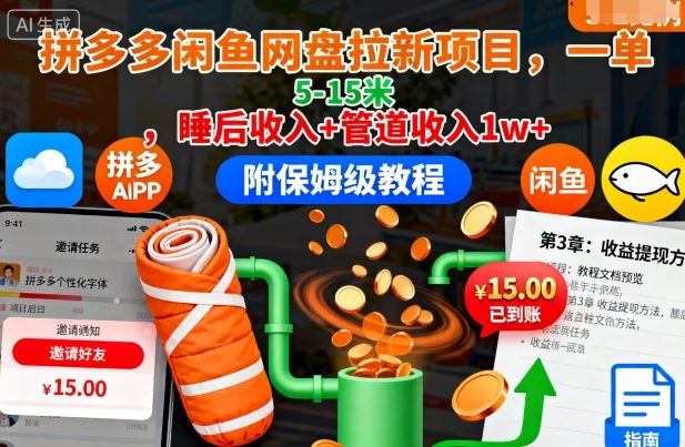 拼多多闲鱼网盘拉新项目，一单5-15米，睡后收入+管道收入1w+(附保姆级教程)汇通分享-专注分享网络创业项目实操课程 – 全网首发_高质量创业项目输出汇通分享