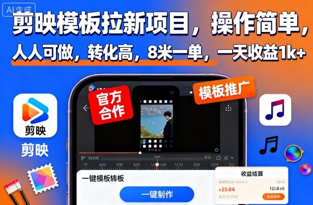 剪映模板拉新项目,操作简单,人人可做,转化高,8米一单,一天收益1k+-副业联盟