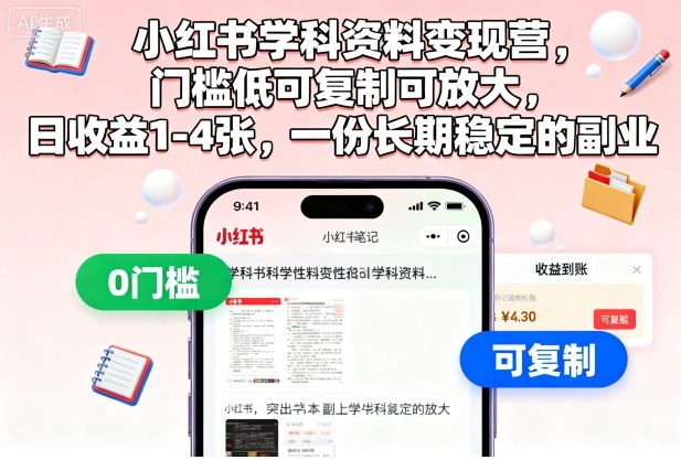 小红书学科资料变现营,门槛低可复制可放大,日收益1-4张,一份长期稳定的副业-副业联盟