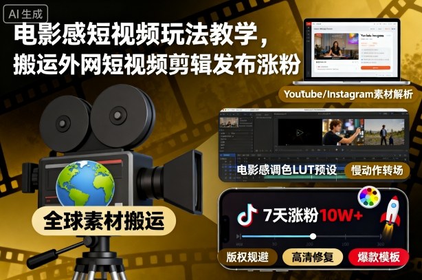 电影感短视频玩法教学,搬运外网短视频剪辑发布涨粉-副业联盟