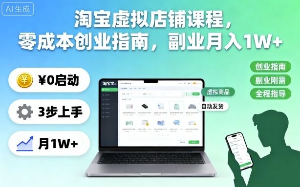 淘宝虚拟店铺课程,零成本创业指南,副业月入1W+|南巷学社