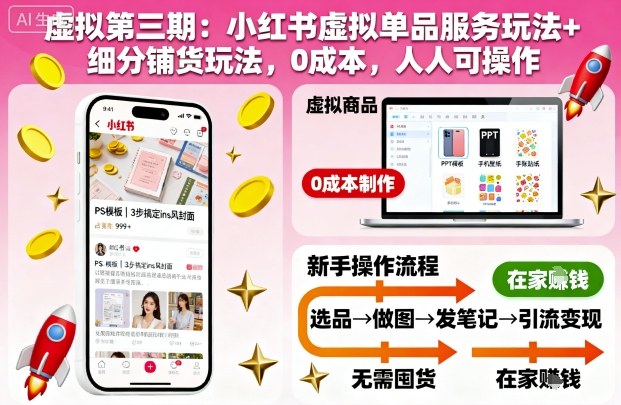 虚拟第三期:小红书虚拟单品服务玩法+细分铺货玩法,0成本,人人可操作-副业联盟