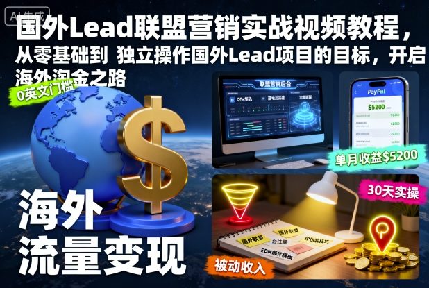 国外Lead联盟营销实战视频教程,从零基础到独立操作国外Lead项目的目标,开启海外淘金之路-副业联盟