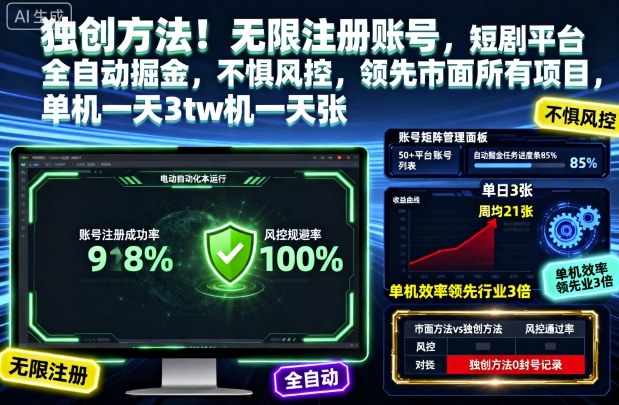 独创方法!无限注册账号,短剧平台全自动掘金,不惧风控,领先市面所有项目,单机一天3张【揭秘】-副业联盟