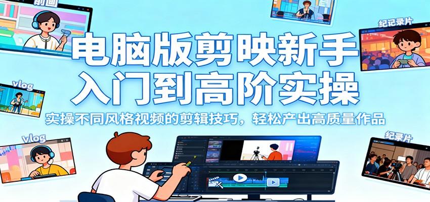 电脑版剪映新手入门到高阶实操,实操不同风格视频的剪辑技巧,轻松产出高质量作品-搞钱利器