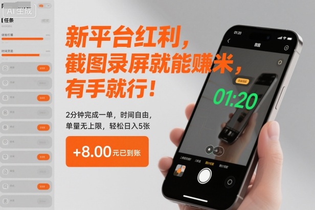 新平台红利，截图录屏就能賺米，有手就行！2分钟完成一单，时间自由，单量无上限，轻松日入5张【揭秘】-吾爱自习网