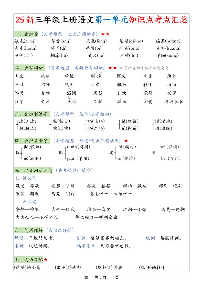 25新三上语文1-8单元知识点考点汇总（24页）-吾爱自习网