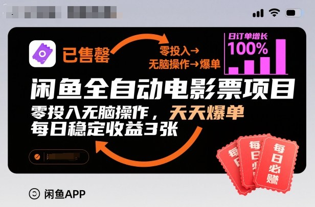 闲鱼全自动电影票项目，零投入无脑操作，天天爆单，每日稳定收益3张【揭秘】-路子网