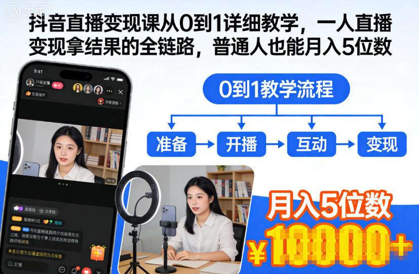 抖音直播变现课从0到1详细教学，一人直播变现拿结果的全链路，普通人也能月入5位数-吾爱自习网