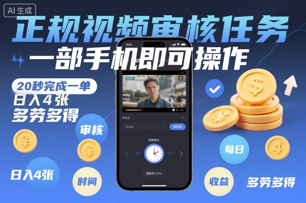 正规视频审核任务，一部手机即可操作，20秒完成一单，日入4张，多劳多得【揭秘】-吾爱自习网