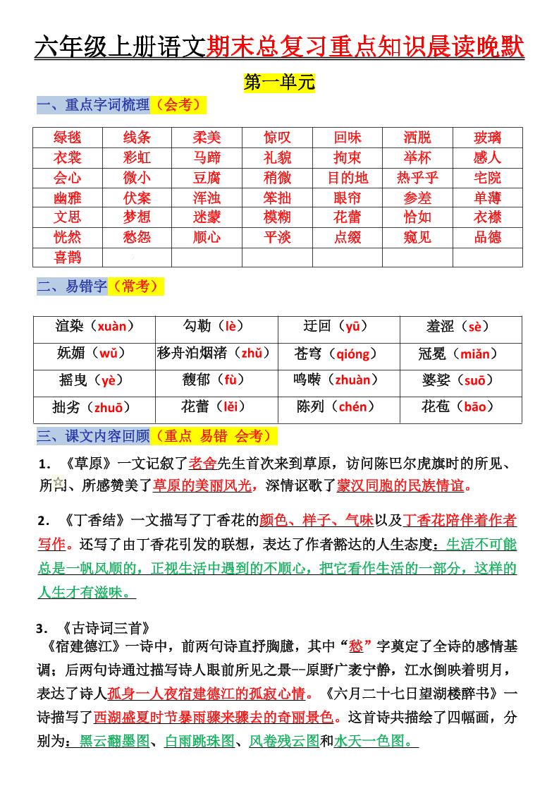 六上语文复习重点晨读单(16页)-吾爱自习网