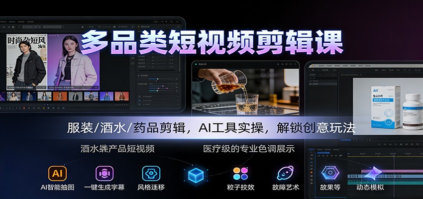多品类短视频剪辑课:服装/酒水/药品剪辑,AI工具实操,解锁创意玩法-天云资源网