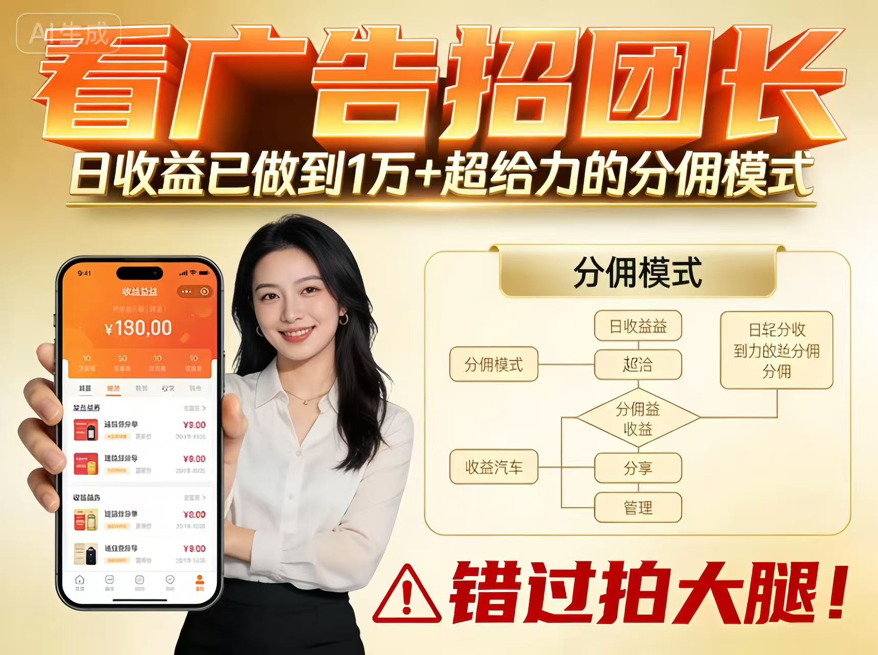 看广告招团长，团队收益已做到日入1万，分佣模式超给力，错过拍大腿|副业联盟