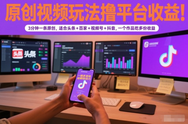 原创视频玩法撸平台收益,3分钟一条原创,适合头条+百家+视频号+抖音,一个作品吃多份收益-吾爱自习网