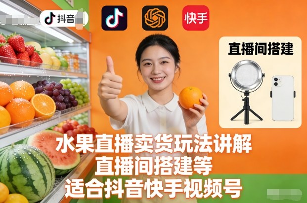 水果直播卖货玩法讲解、直播间搭建等,适合抖音快手视频号-天云资源网