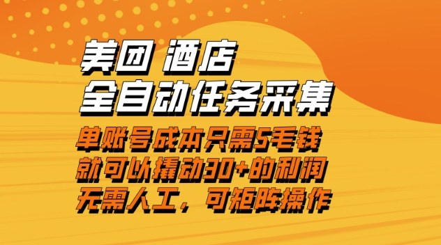 美团酒店全自动任务采集，单账号几毛钱就能撬动30+利润，成本低，操作简单，当天到账【揭秘】-天云资源网