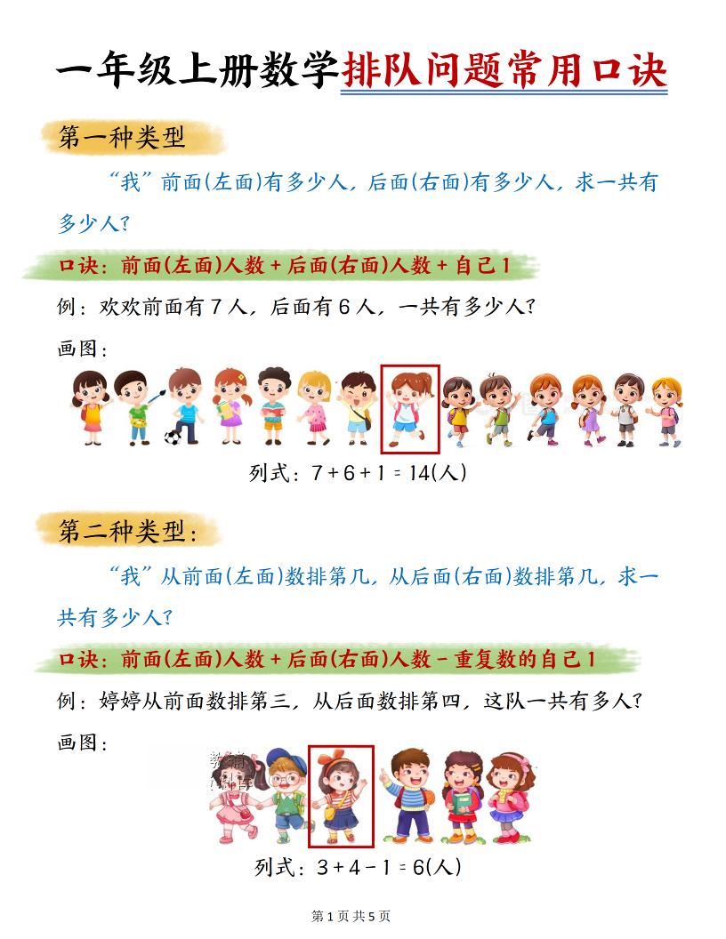 一年级上数学排队问题常用口诀-吾爱自习网
