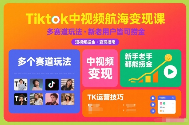 Tiktok中视频航海变现课，多个赛道玩法，新手老手都能在TK中视频捞金-天云资源网
