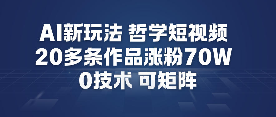 AI新玩法哲学短视频制作教学，20多条作品涨粉70W，0成本赛道，可矩阵-天云资源网