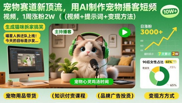 宠物赛道新顶流，用AI制作宠物播客短视频，1周涨粉2W(视频+提示词+变现方法)-吾爱自习网