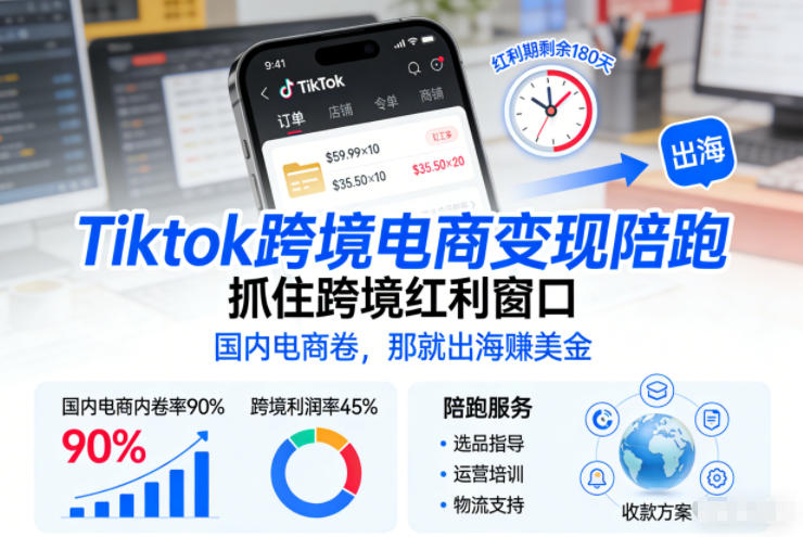 Tiktok跨境电商变现陪跑，抓住跨境红利窗口，国内电商卷，那就出海賺美金-吾爱自习网
