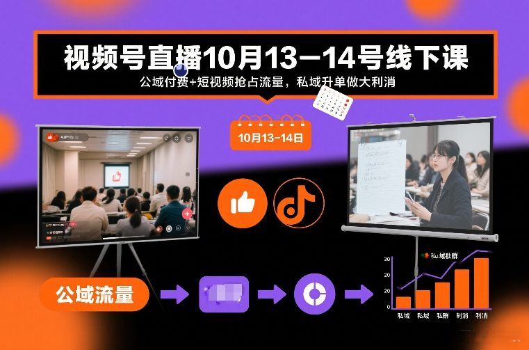 视频号直播10月13-14号线下课，公域付费+短视频抢占流量，私域升单做大利消-吾爱自习网