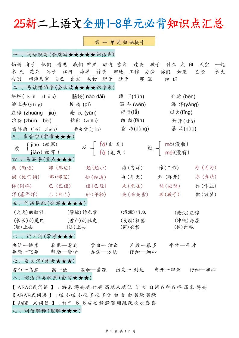 25新二年级上语文1-8单元必背知识点汇总-吾爱自习网