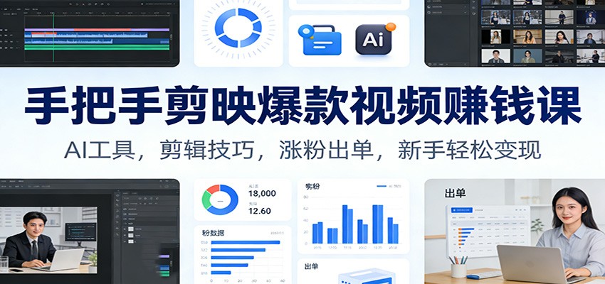 手把手剪映爆款视频赚钱课：AI工具，剪辑技巧，涨粉出单，新手轻松变现-吾爱自习网