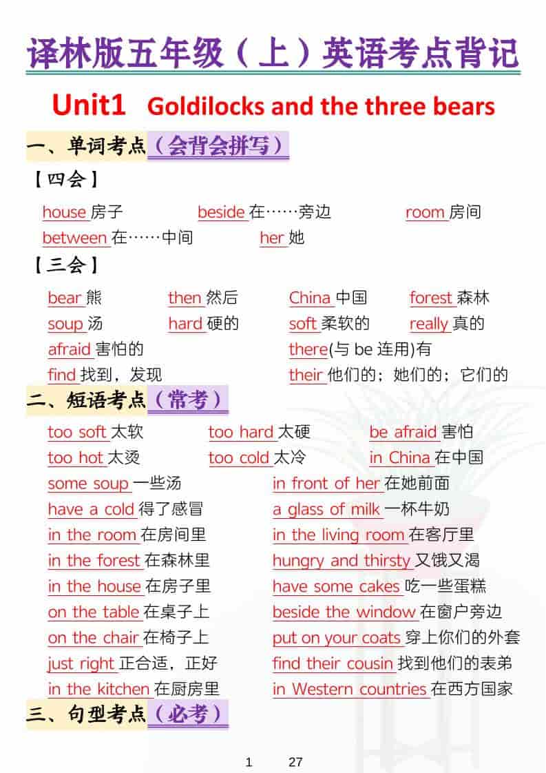 五年级上英语考点背记《译林版》-吾爱自习网