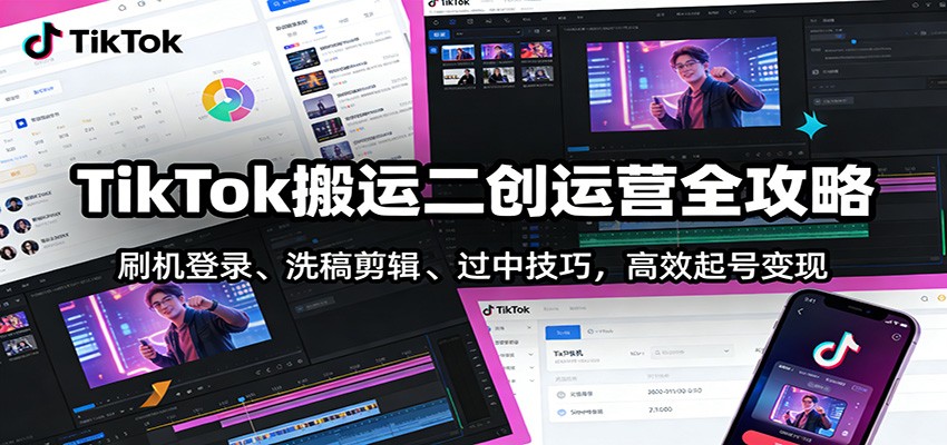 TikTok搬运二创运营全攻略：刷机登录、洗稿剪辑 、过中技巧，高效起号变现汇通分享-分享轻创项目-网络创业-项目实操-兼职-网赚-副业-抖音-快手-小红书-闲鱼-视频号-直播-短视频-中视频-带货-短剧-游戏搬砖-引流等教程课程分享汇通分享