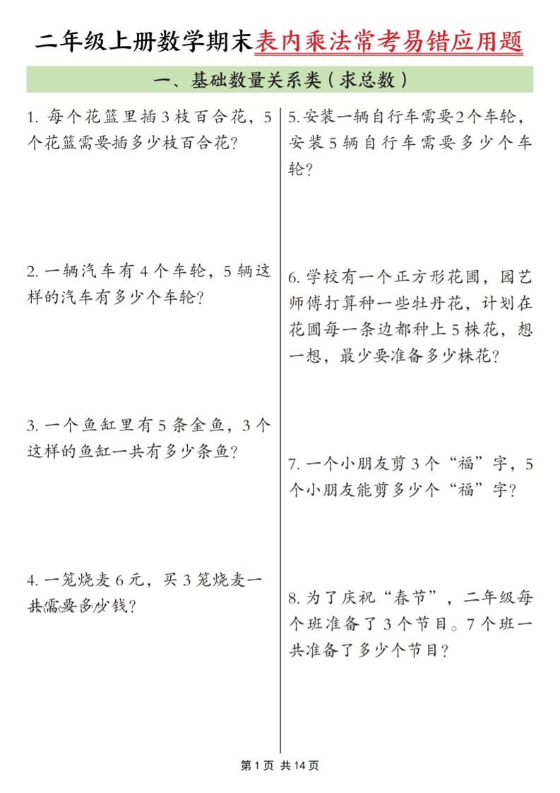 二年级上数学表内乘法常考易错题