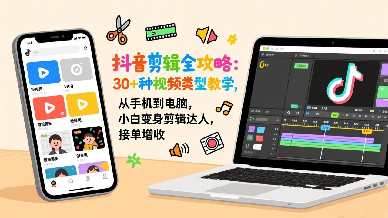 抖音剪辑全攻略:30+种视频类型教学,从手机到电脑,小白变身剪辑达人,接单增收-吾爱自习网