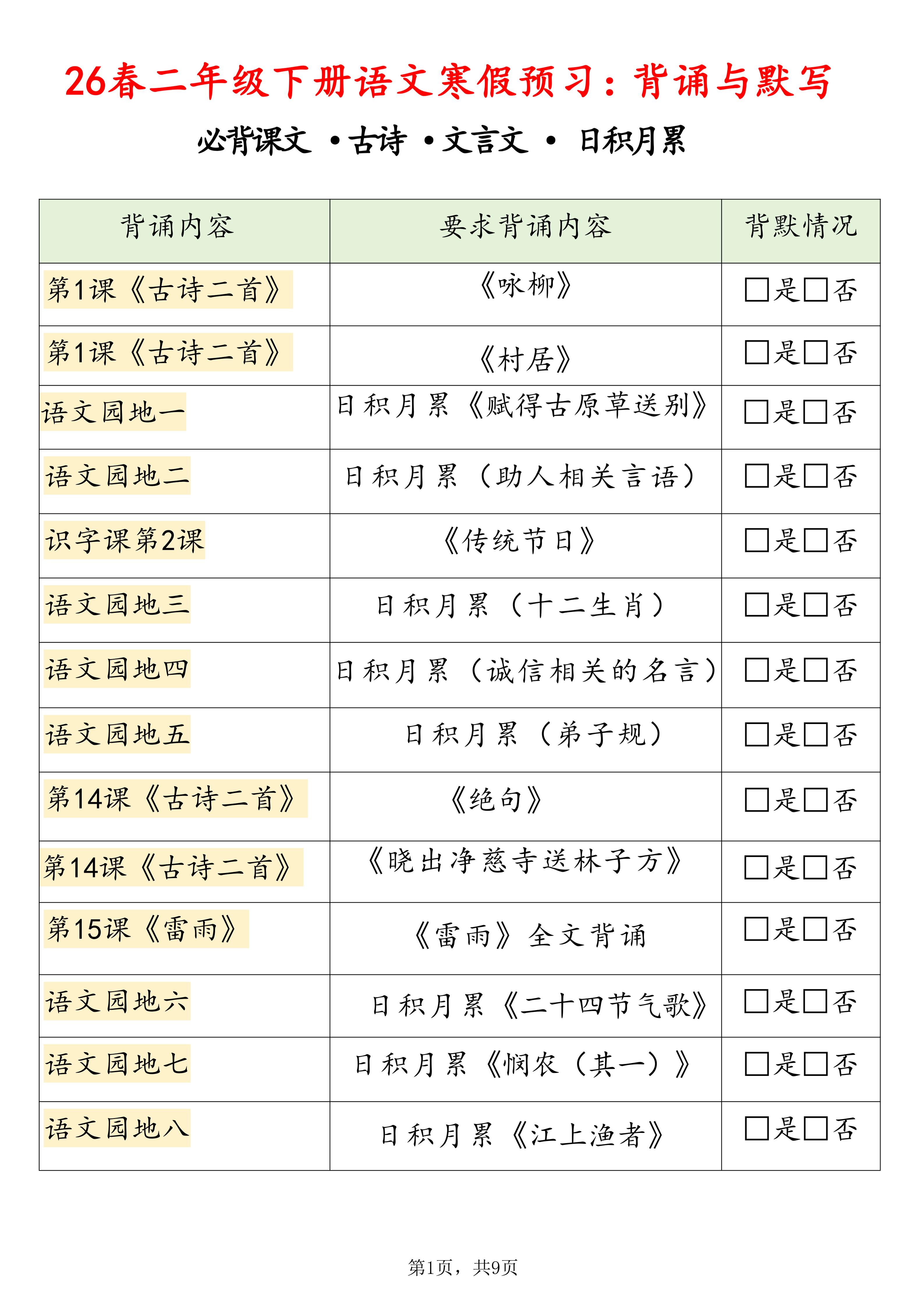 26春二下语文寒假预习背诵与默写（必背课文、古诗、文言文、日积月累）9页