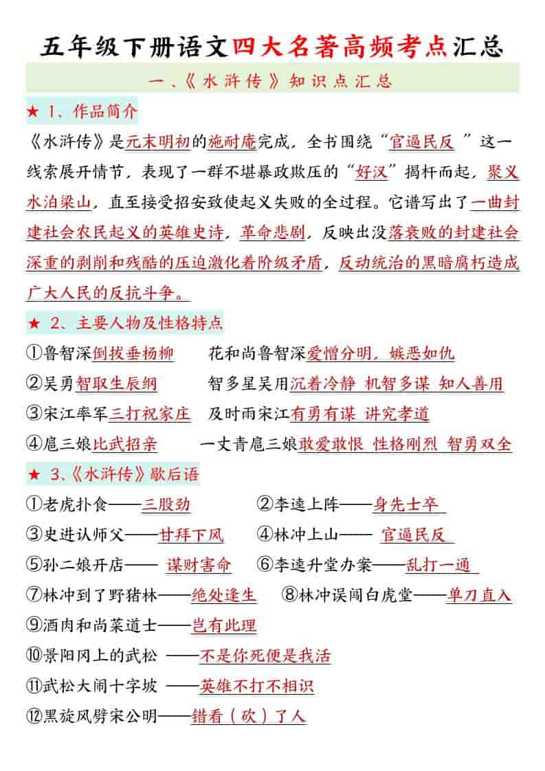 五年级下语文四大名著高频考点-shxbox省心宝盒