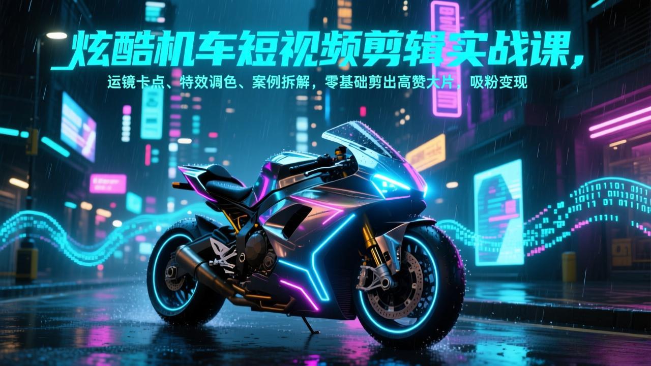 炫酷机车短视频剪辑实战课，运镜卡点、特效调色、案例拆解，零基础剪出高赞大片，吸粉变现-旺仔资源库