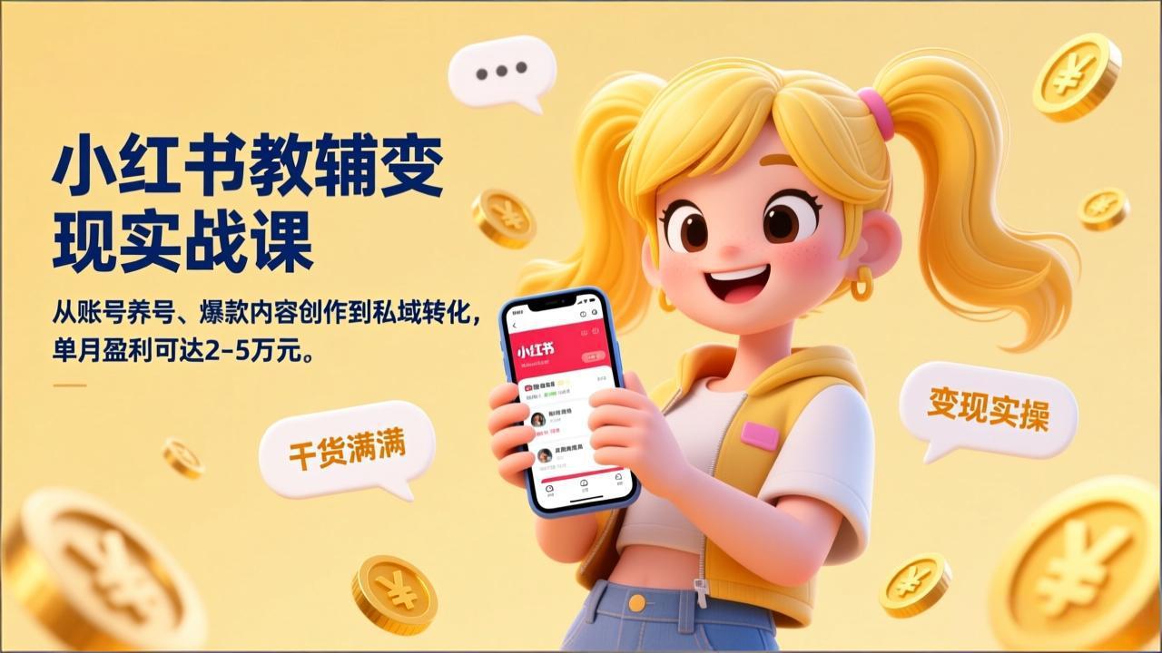 小红书教辅变现实战课，从账号养号、爆款内容创作到私域转化，单月盈利可达2-5万元-吾爱自习网
