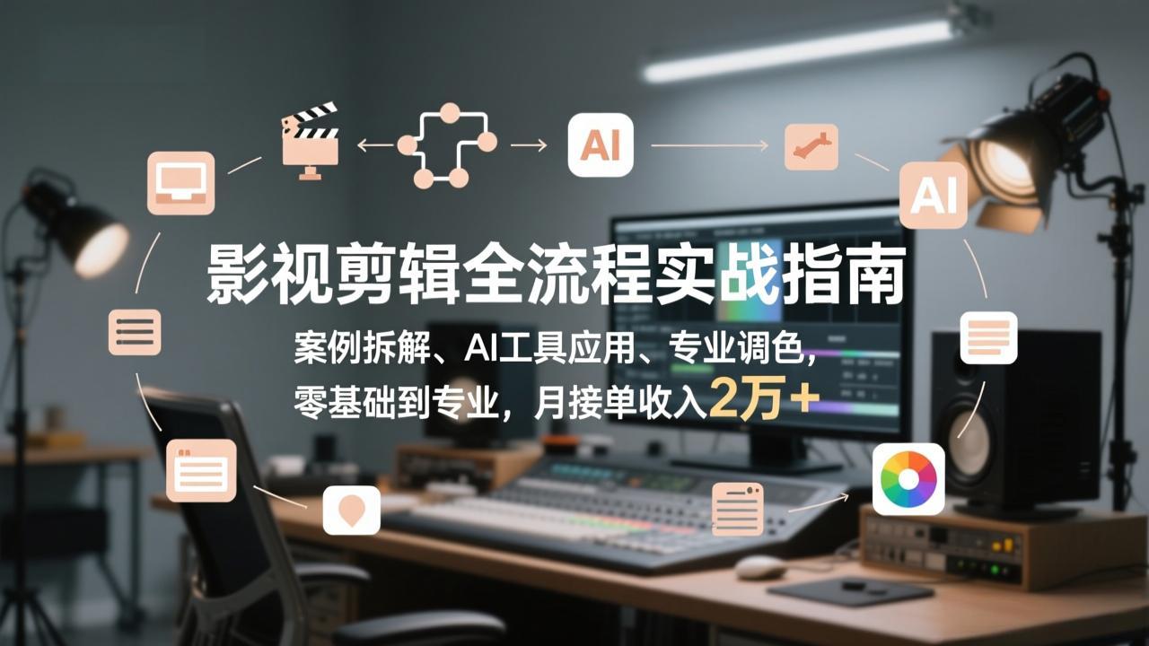 影视剪辑全流程实战指南，案例拆解、AI工具应用、专业调色，零基础到专业，月接单收入2万+-吾爱自习网