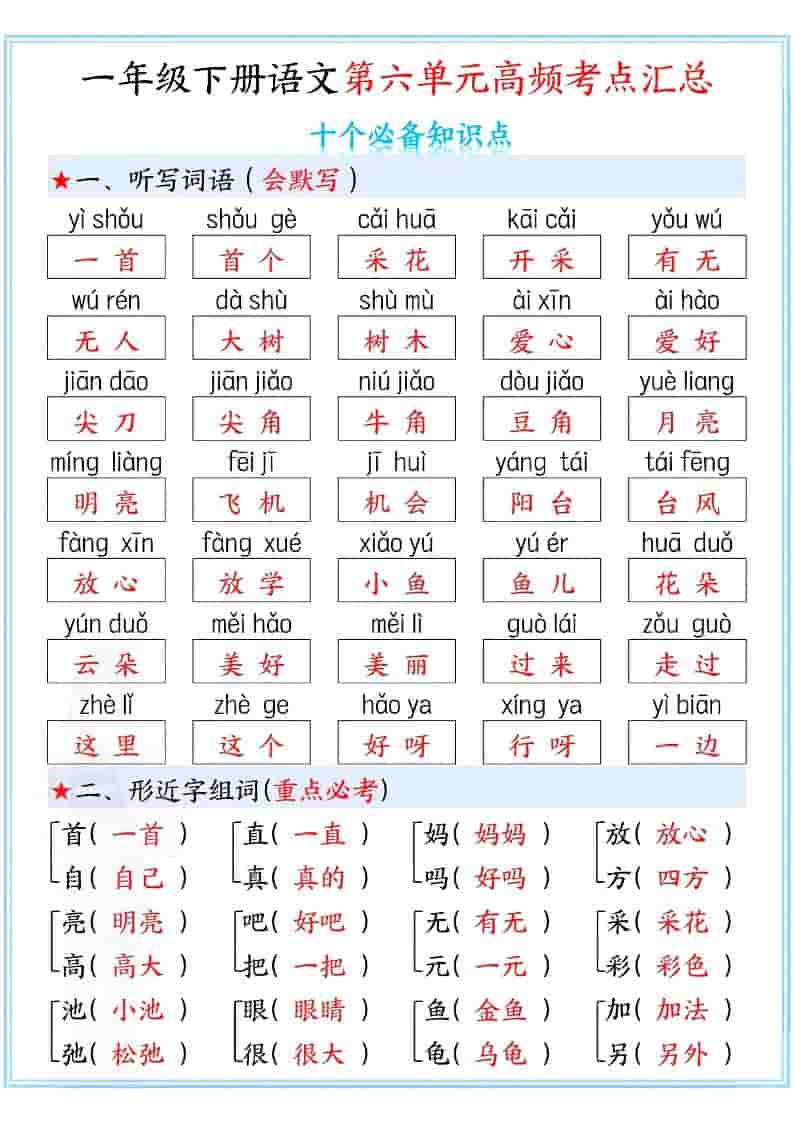 一年级下语文第六单元高频考点汇总-吾爱自习网