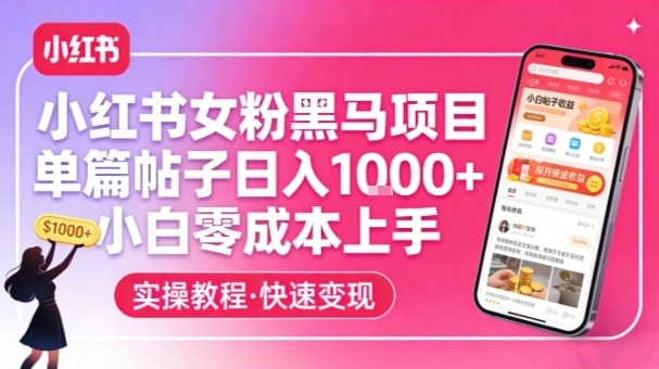 小红书女粉黑马项目，单篇帖子日入1k+，小白零成本上手-朽念云创
