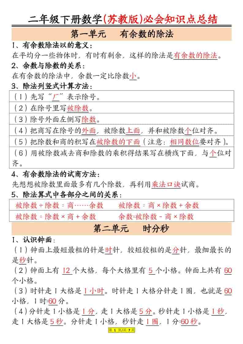 二年级下数学必会知识汇总《苏教版》