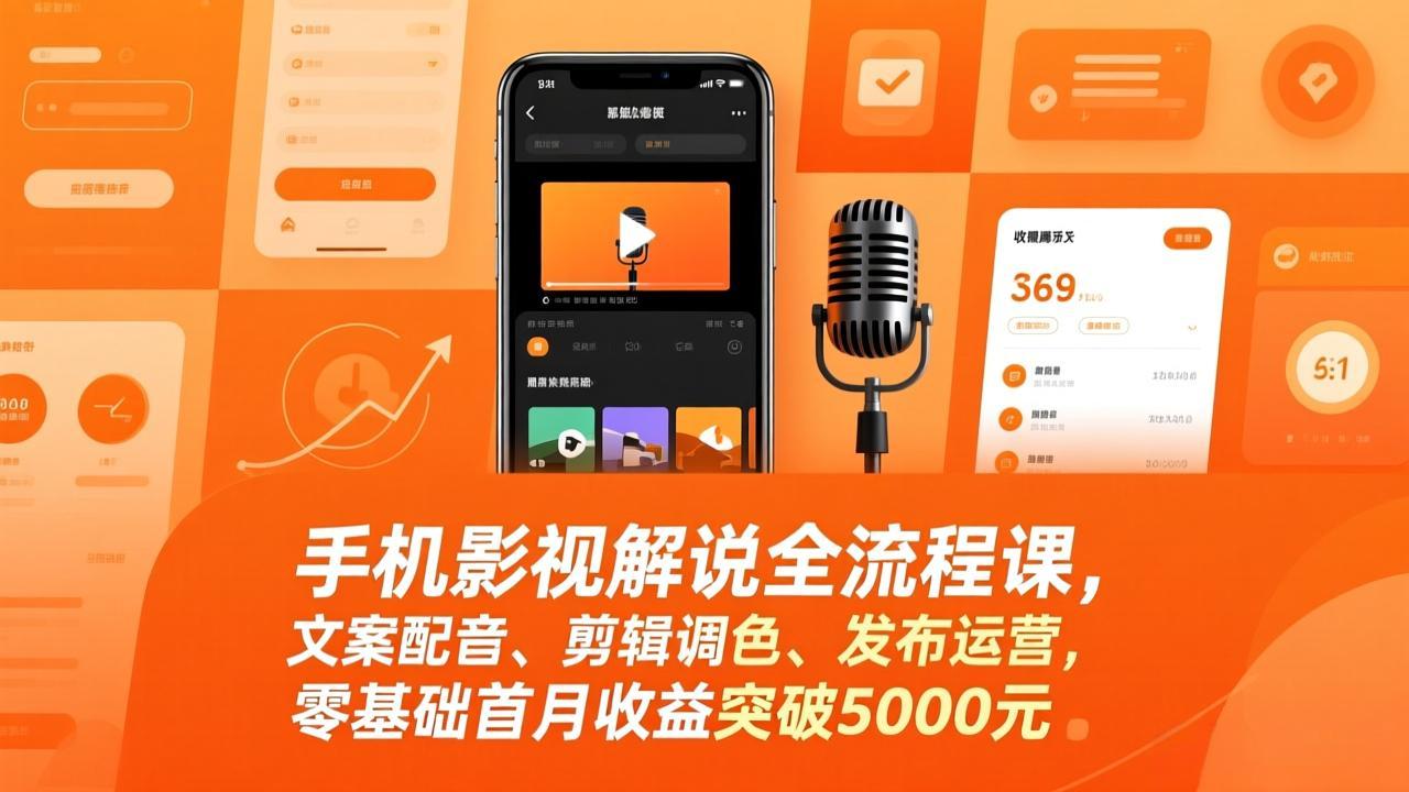 手机影视解说全流程课，文案配音、剪辑调色、发布运营，零基础首月收益突破5000元-旺仔资源库