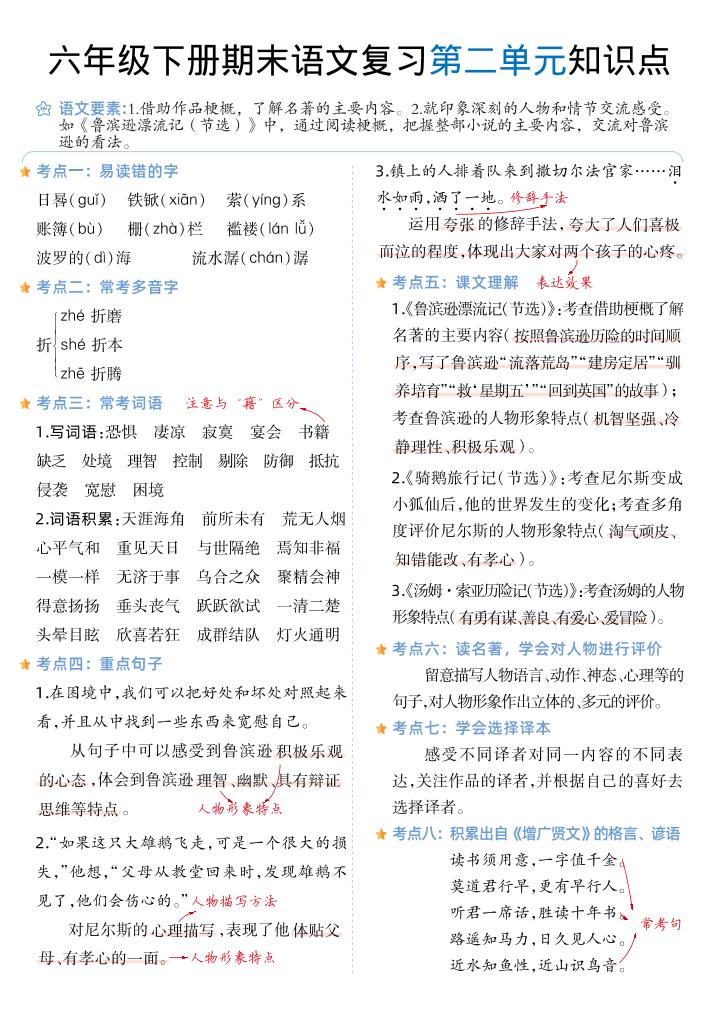 六下丨语文1-6单元单元知识点