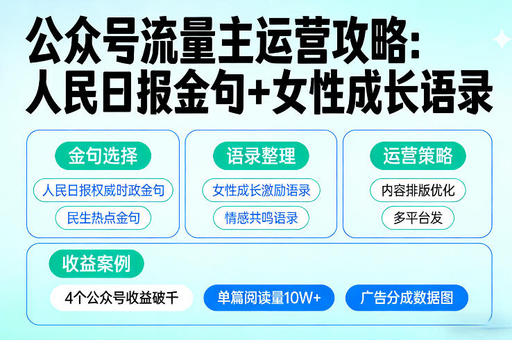 利用人民日报金句+女性成长语录做公众号流量主，4个公众号收益破千-寒山客