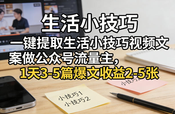 一键提取生活小技巧视频文案做公众号流量主，1天3-5篇爆文收益2-5张-heijinzy