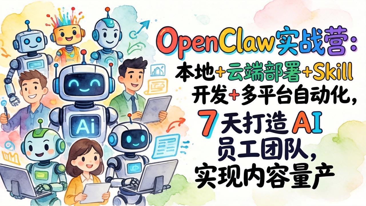 OpenClaw实战营：本地+云端部署+Skill开发+多平台自动化，7 天打造 AI 员工团队，实现内容量产汇通分享-分享轻创项目-网络创业-项目实操-兼职-网赚-副业-抖音-快手-小红书-闲鱼-视频号-直播-短视频-中视频-带货-短剧-游戏搬砖-引流等教程课程分享汇通分享