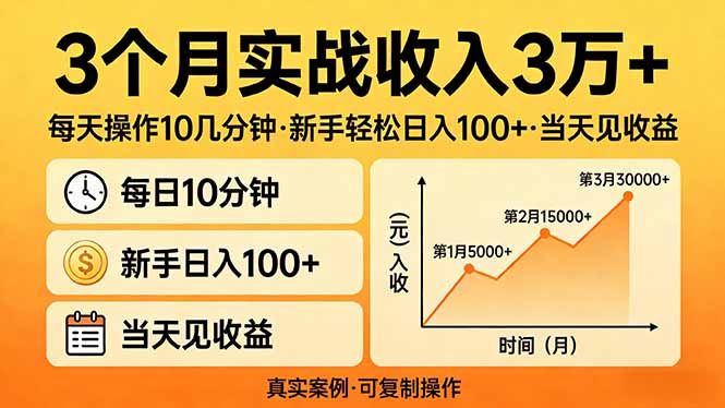 3个月实战收入3万+，每天操作10几分钟，新手轻松日入100+，当天见收益汇通分享-分享轻创项目-网络创业-项目实操-兼职-网赚-副业-抖音-快手-小红书-闲鱼-视频号-直播-短视频-中视频-带货-短剧-游戏搬砖-引流等教程课程分享汇通分享